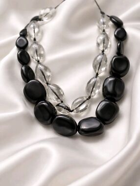 Lot of 2 Fashion Black & Clear Statement Necklaces Adjustable Length